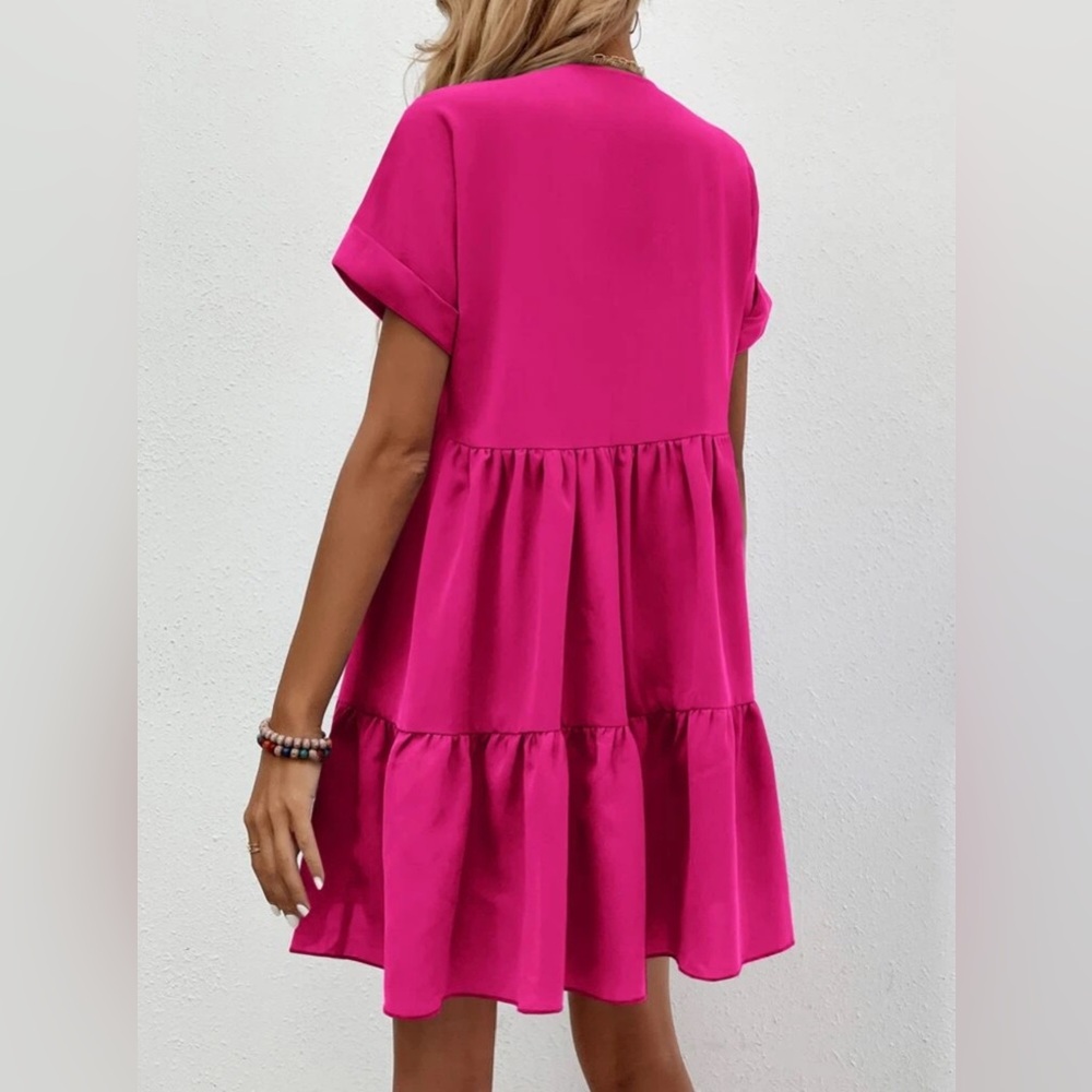 Roll Cuff Ruffle Hem Solid Dress - Picture 2 of 3